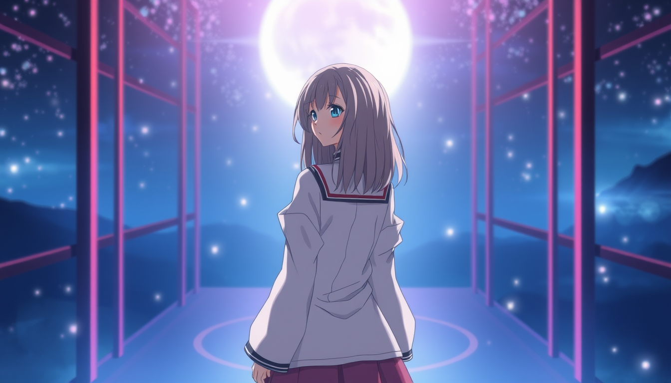 Main art studio: An extralmely ai anime girl centred in the frame a bit far back so be able to see head to toe with Bo clothes on