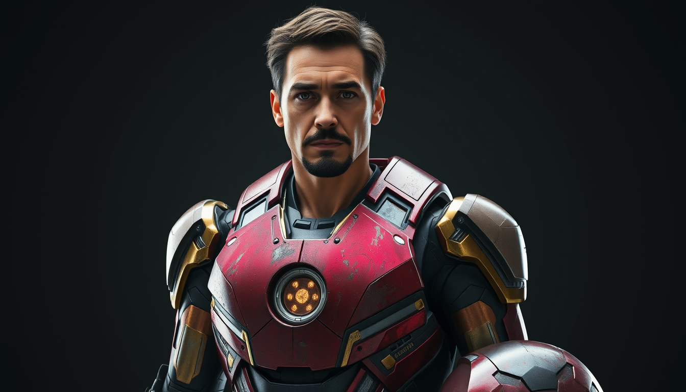 Main art studio: Photorealistic live-action superhero film character reference. Tony Stark, middle-aged man, lean athletic build, short dark brown hair, neatly trimmed