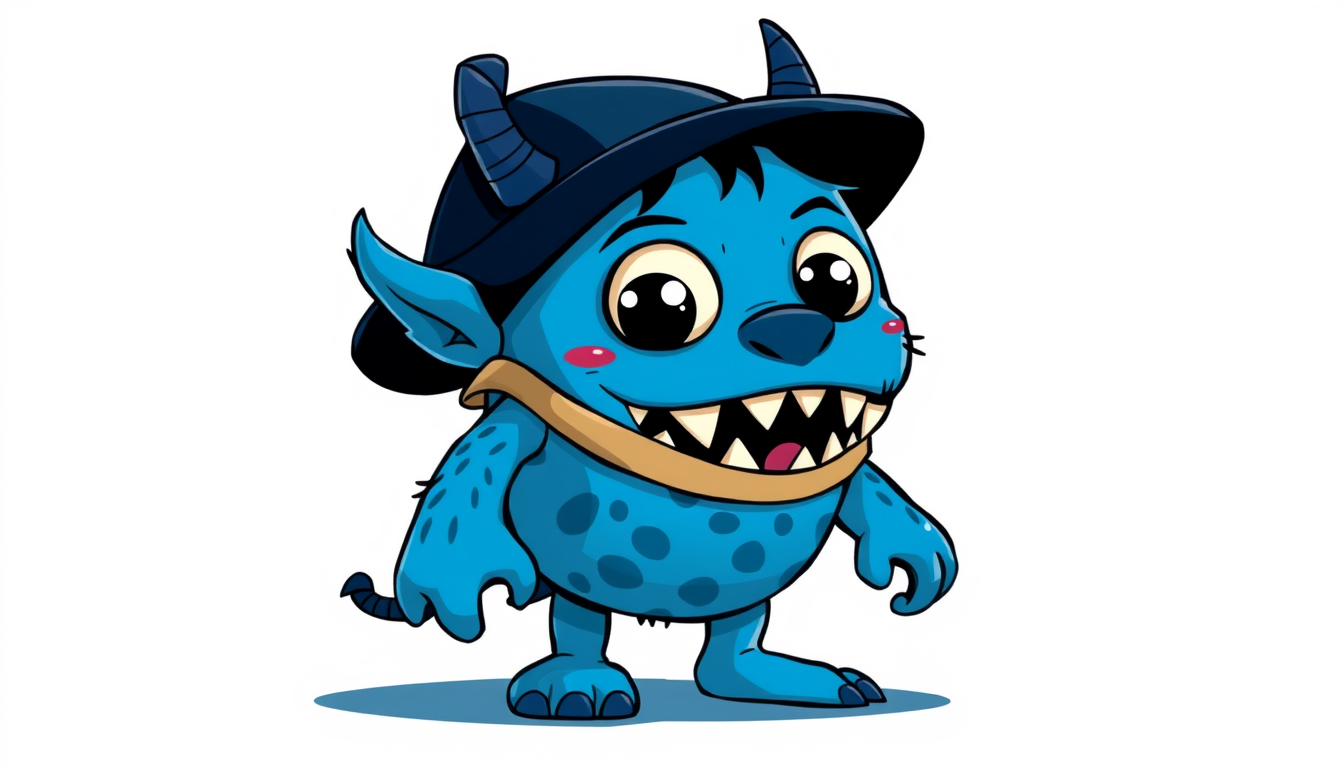 Characters idea: an original character defined by silhouette, role, outfit, palette, and expression, deliberate composition, I want a blue monster that is cute with st
