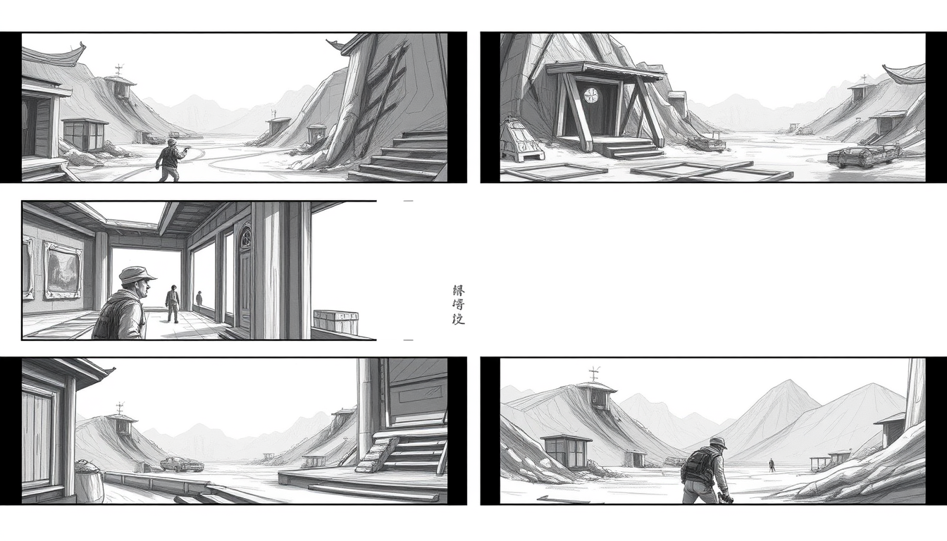 Storyboard idea created from the prompt: storyboard panels, cinematic shot sequence, clear camera angles, grayscale sketch layout, readable scene flow, 镜头描述:远景,斗笠神秘人独自站在画面中央,身披灰斗篷,宽