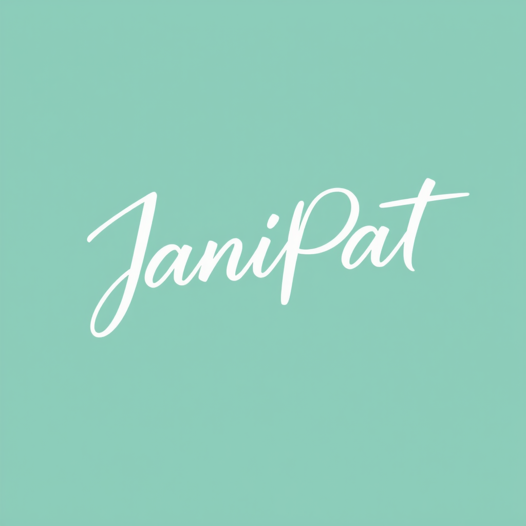 Main art studio: Groß und zentral der Schriftzug „JaniPat“, exakt so geschrieben. Continuous Line Art / One-Line Drawing: Der gesamte Schriftzug wird wie aus einer ein