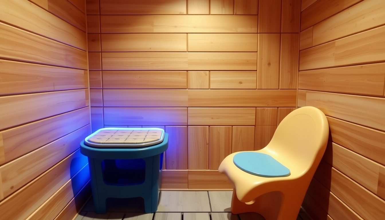 Main art studio: infrared sauna sweat collecter seat with foot and seat sumps in shape like a toddler bike seat to a collection tray in different colors