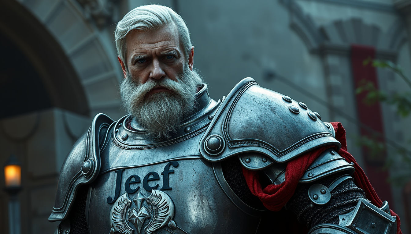 Main art studio: An older knight with white hair amd short beard name Jeff on armor full length short hair short the name Jeff written on armor chest