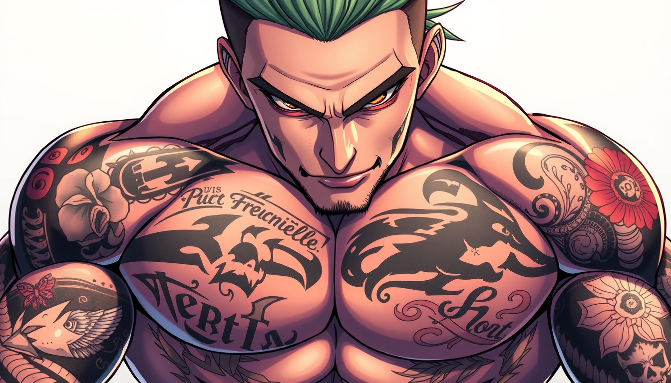 Anime idea: anime style, vibrant colors, expressive eyes, Un bel homme musclé avec une anatomie masculine très développé il est couvert de tatouage c ce qui le co