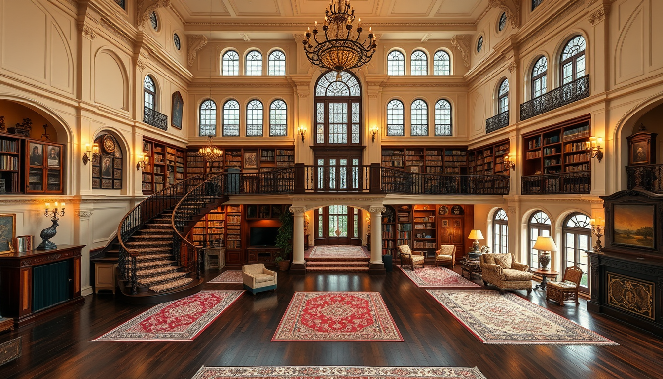 Main art studio: Grand family mansion inspired by a historic New England manor: elegant cream walls, dark wood floors, huge double staircase, carved railings, arches,