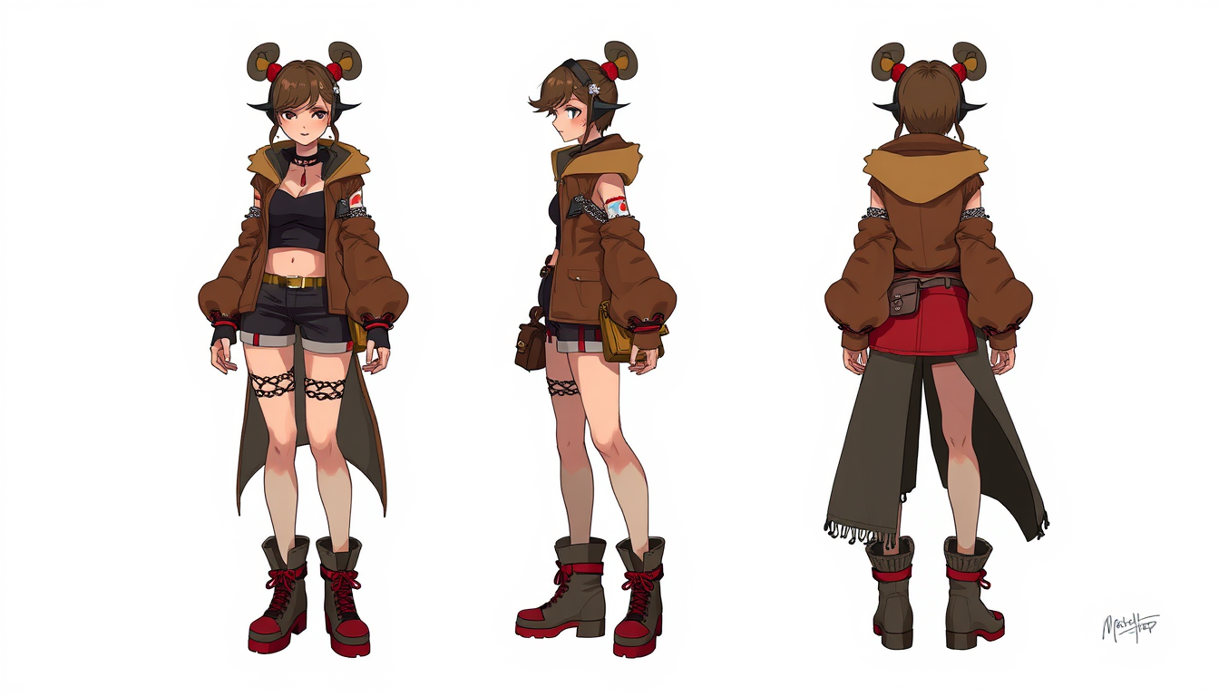 Characters idea: original character design, detailed outfit and accessories, expressive personality, Une meuf un peu style casos avec des formes pas trop et un mini sh