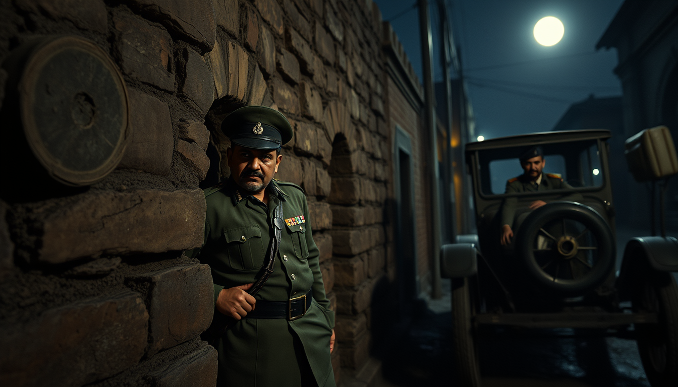 Main art studio: Ultra photorealistic cinematic 4K historical reconstruction, Shrikant Jung Bahadur hiding behind an old stone wall and watching Netaji Subhas Chandra