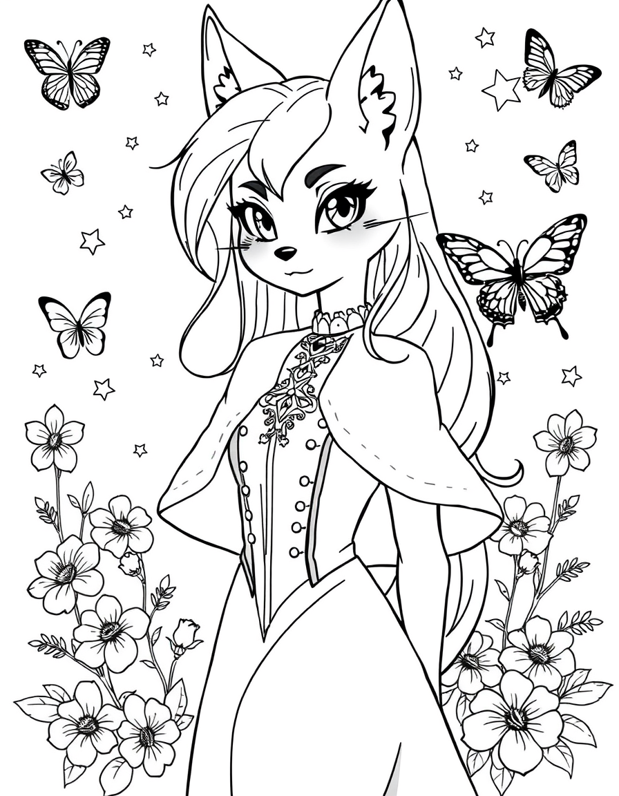 Main art studio: Crea una página de coloring book estilo anime elegante, chica zorrita original, cuerpo completo y anatomía proporcionada, rostro refinado, ojos anime 
