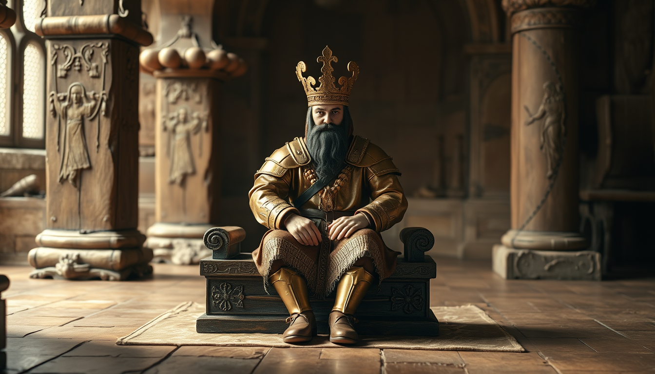 Main art studio: mithyc mmo type general sitting on a medieval trhone made of wood and gold form a central perspective