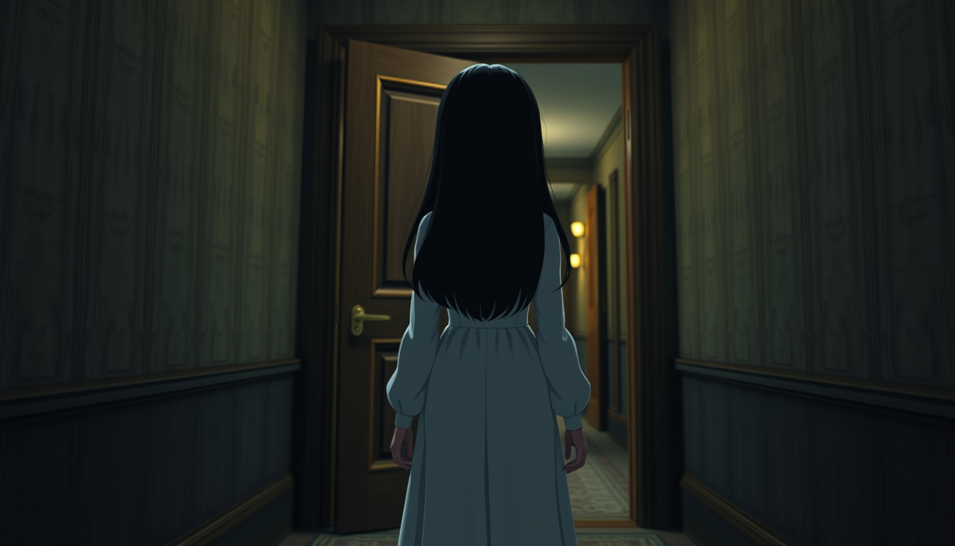 Main art studio: 3D animated horror cartoon style. A young woman named Ayesha with long black hair, wearing a modest full-length white dress with long sleeves, slowly