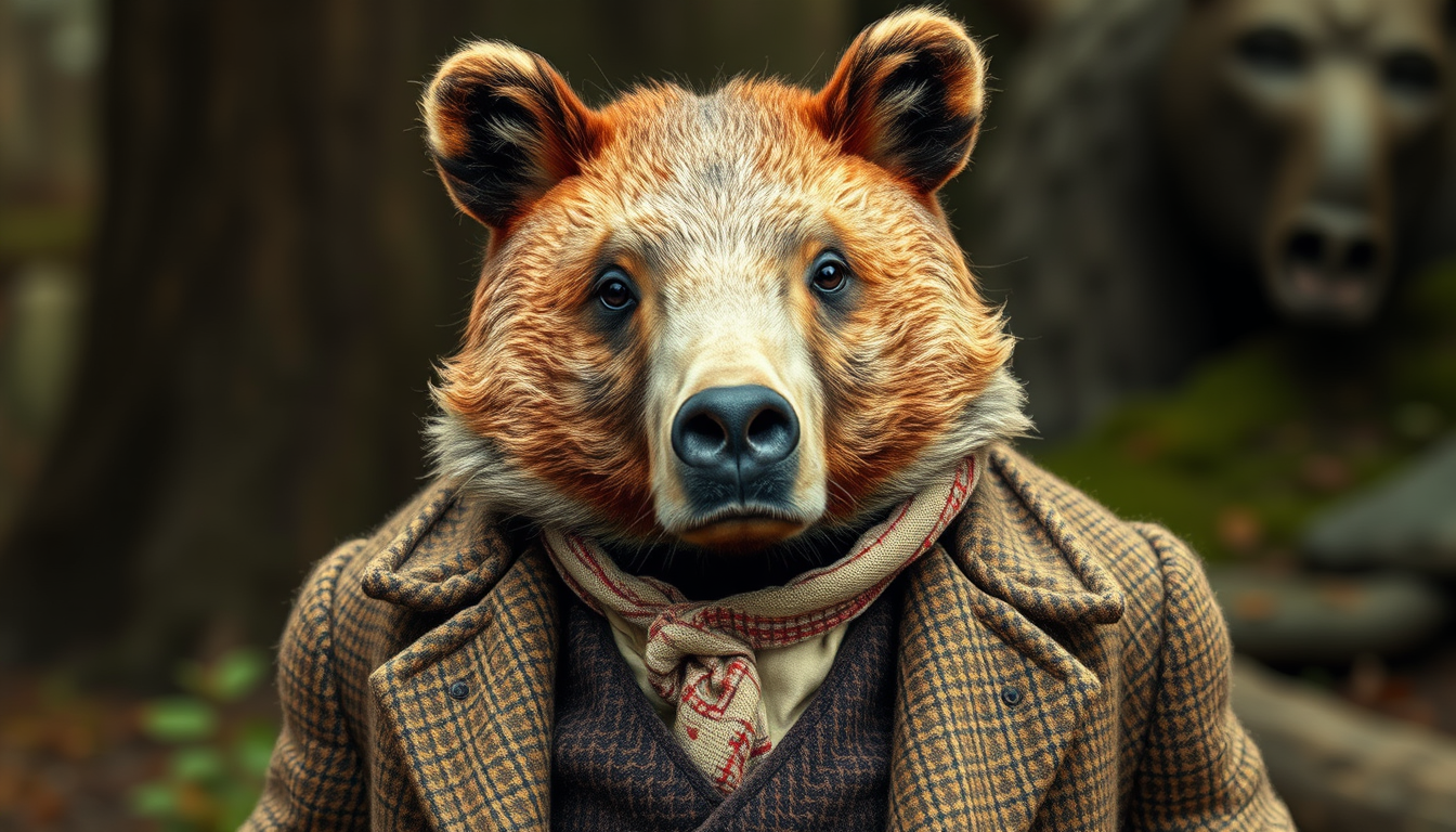Main art studio: Erzeuge mir bitte ein Bild von einem humanoiden Bär, der wie J.R.R. Tolkien angezogen ist, also mit Tweed-Jacket etc. Der Stil sollte an ein altes Pho