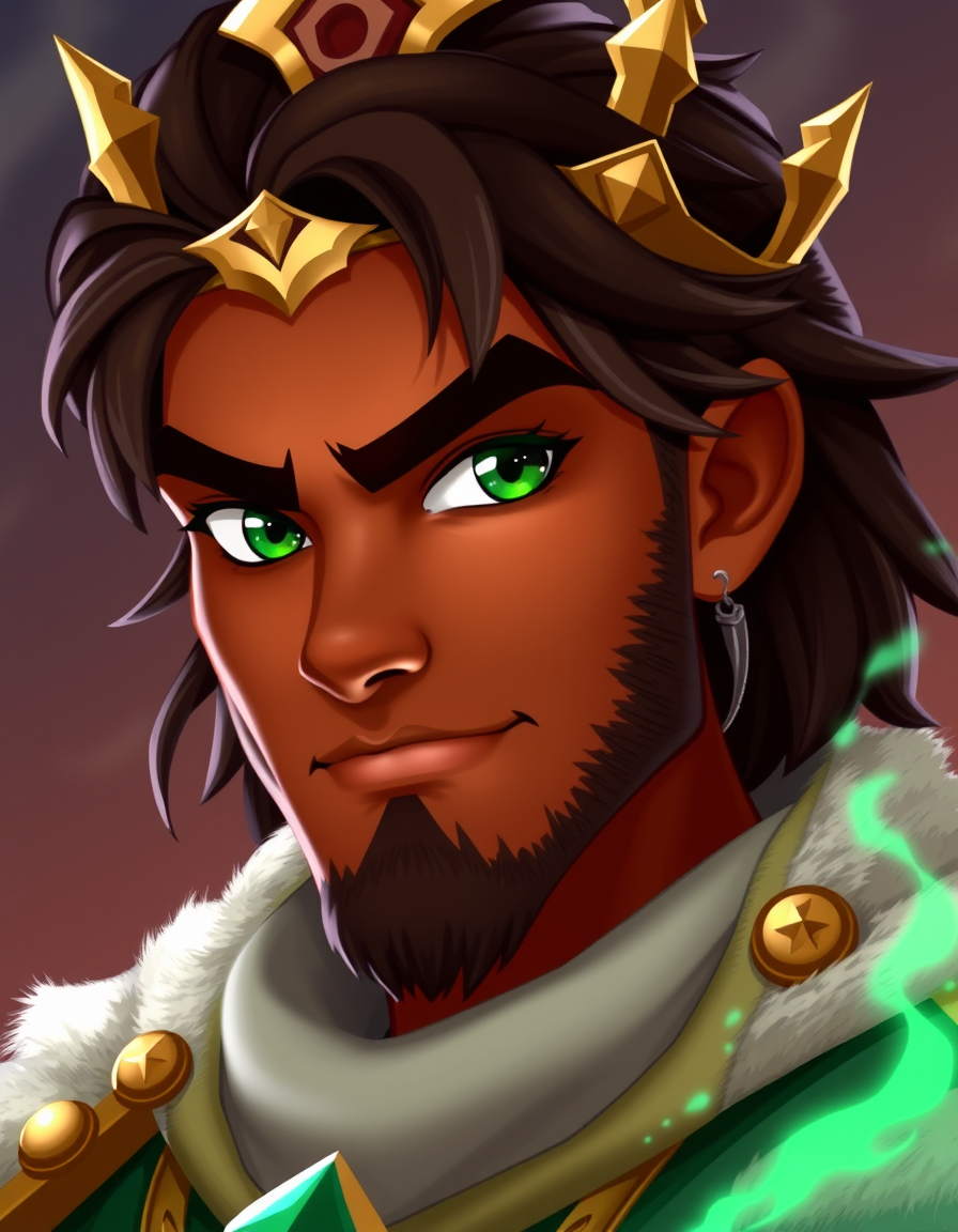 Main art studio: Powerful handsome fantasy king, deep caramel skin, dark brown hair with subtle silver strands, emerald-green eyes, calm and protective expression, ele