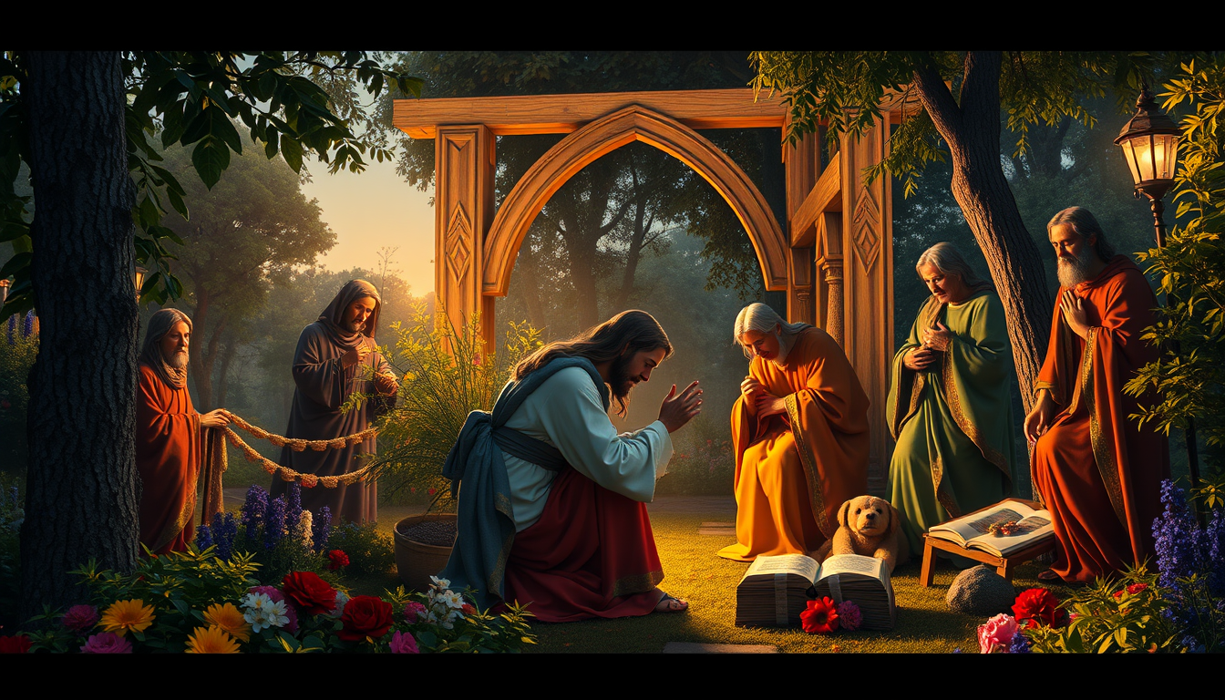 Main art studio: Garden of gethsemane with Jesus kneeling in pain. Happy colors,