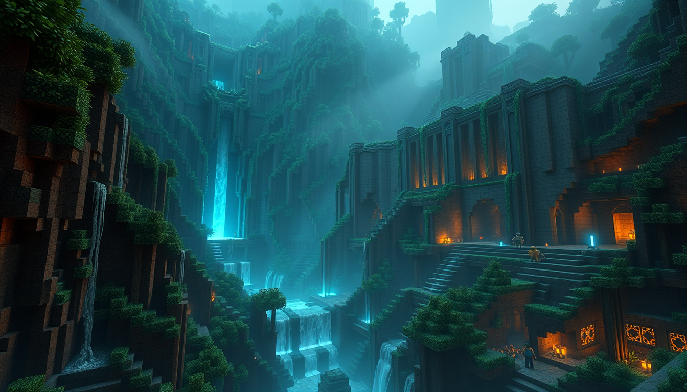 AI Art prompt example created from the prompt: Ultra-realistic Minecraft scene, a massive ancient jungle temple covered in vines, a deep glowing ravine beneath it, waterfalls flowing betw
