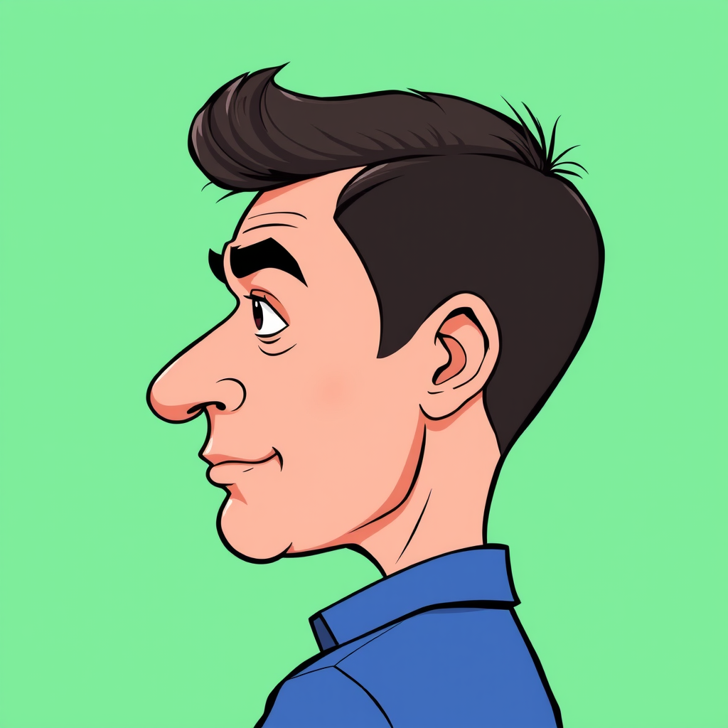 Main art studio: Cómico retrato-caricatura realista de un hombre adulto en perfil hacia la derecha, inspirado en la foto: piel clara cálida, cabello castaño oscuro pei