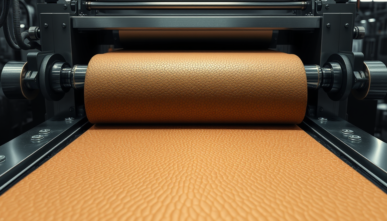 Main art studio: Show finished PU-coated fabric passing through an industrial embossing machine. Metal rollers press a realistic leather grain texture onto the surface