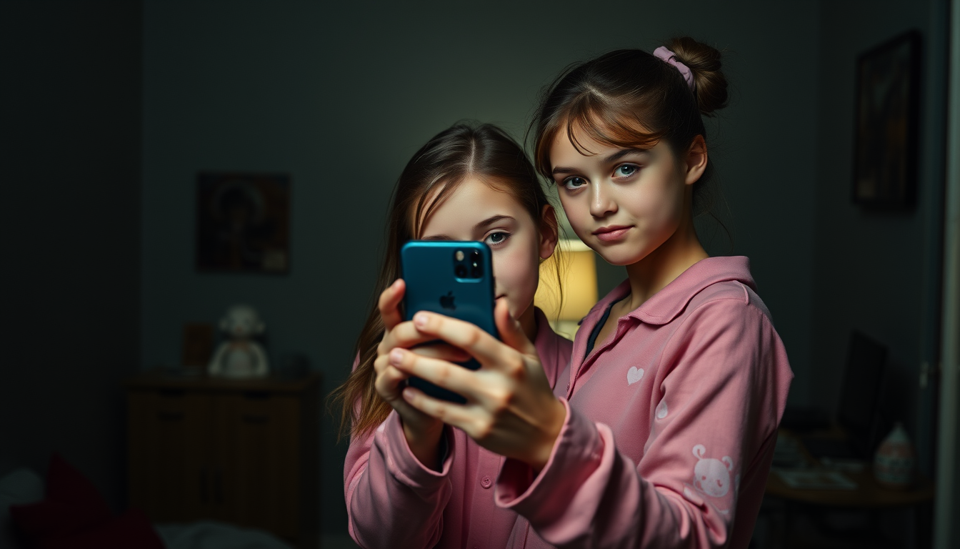 Main art studio: Fais une fille debout en pyjama, elle se prend en selfie miroir et il fait nuit , elle est a 14 ans , son téléphone cache sa tete