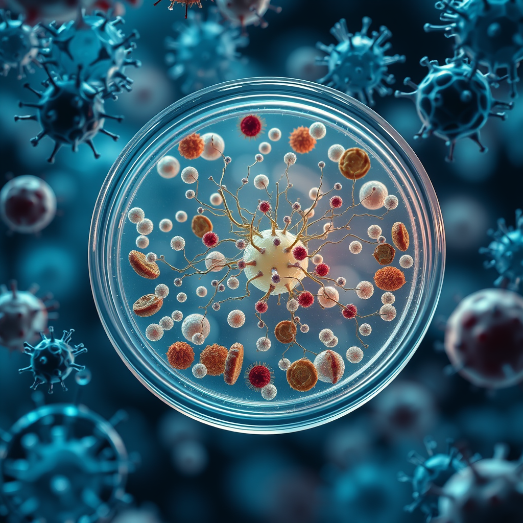 Main art studio: Photorealistic scientific scene of a realistic stem cell culture in a laboratory Petri dish, surrounded by different specialized human cells, visually