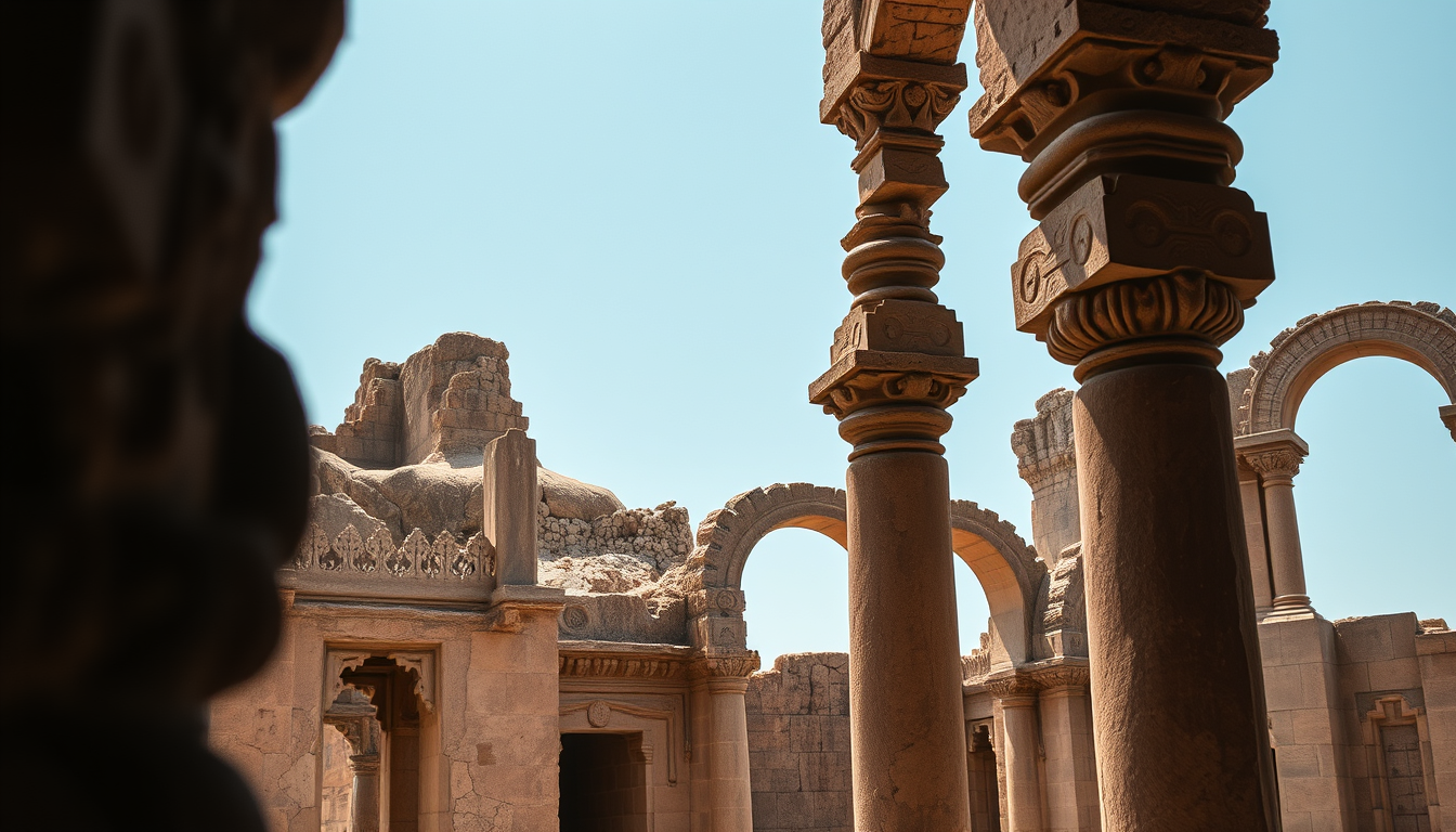 Main art studio: Close-up of ancient weathered sandstone walls at Bhangarh Fort, old carved stone pillars and broken arches, sunlight revealing the texture of centurie