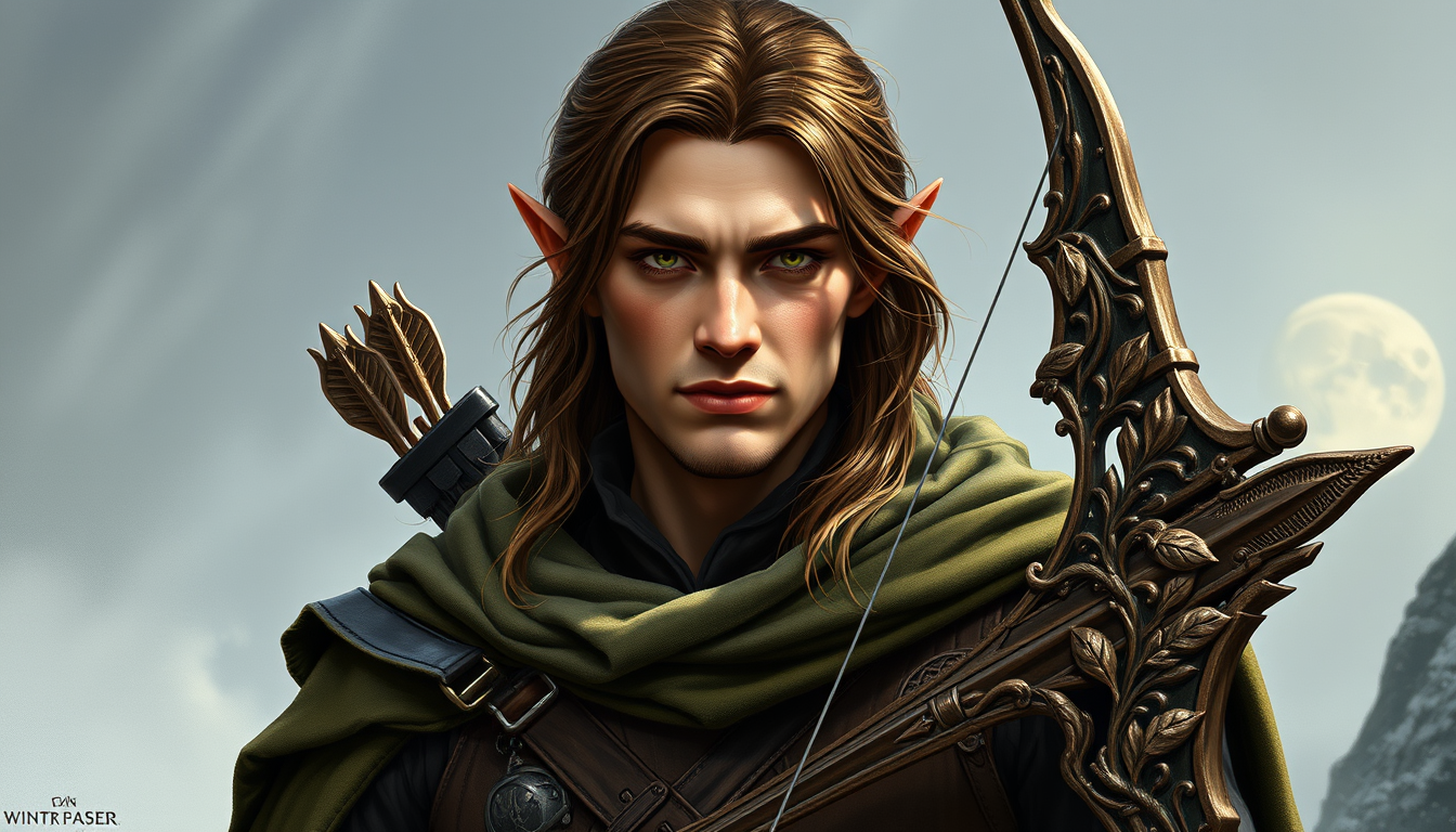 AI Art prompt example created from the prompt: Aenarion, elegant male elf ranger, explorer, cartographer and ethnologist. Long brown hair, refined handsome face, no chin dimple, calm inte