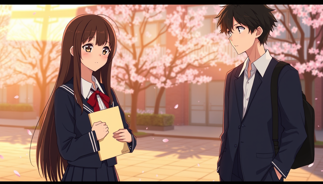 Main art studio: Create Scene 14 of the original cinematic Japanese anime romance movie October Theory. During graduation day at a Japanese high school, Noni Mizuno, a