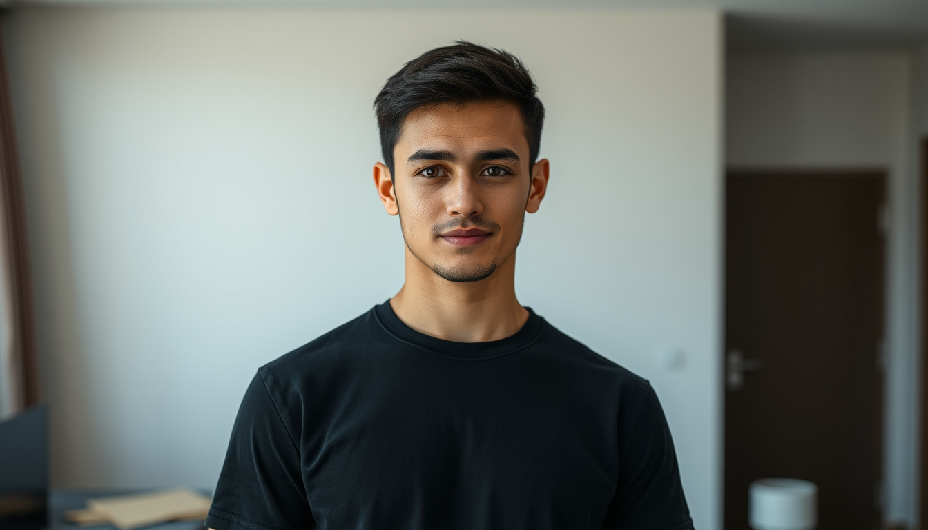 Realistic Images idea: photorealistic generated image, natural materials and skin texture, physically plausible lighting, Realistic young Uzbek man, 23 years old, short blac