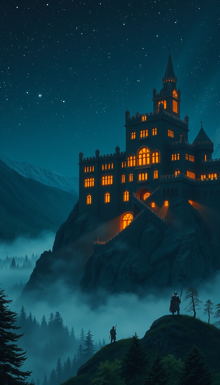 Main art studio: An enormous ancient medieval castle stands on a mountain cliff during a dark starry night. Hundreds of warm glowing windows shine through the black st