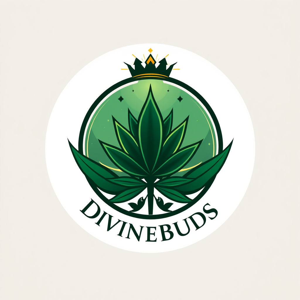 Logo idea: logo design, clean minimal mark, bold simple shapes, balanced composition, Create a premium circular emblem for “DivineBuds420”. Deep emerald green, b