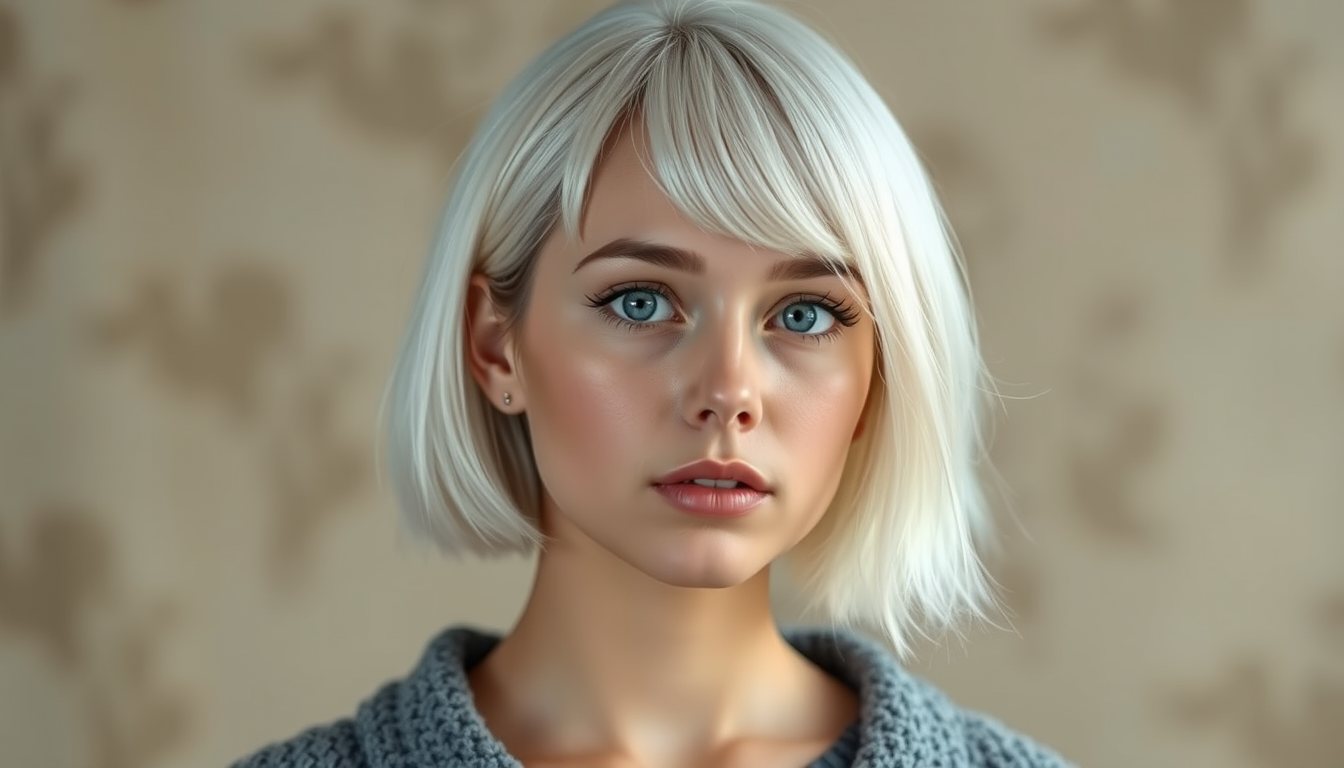 Main art studio: crea una ragazza con statura bassa capelli corti, bianche e leggermente scompigliati; un viso piccolo con un espressione seria e con gli occhi azzurro