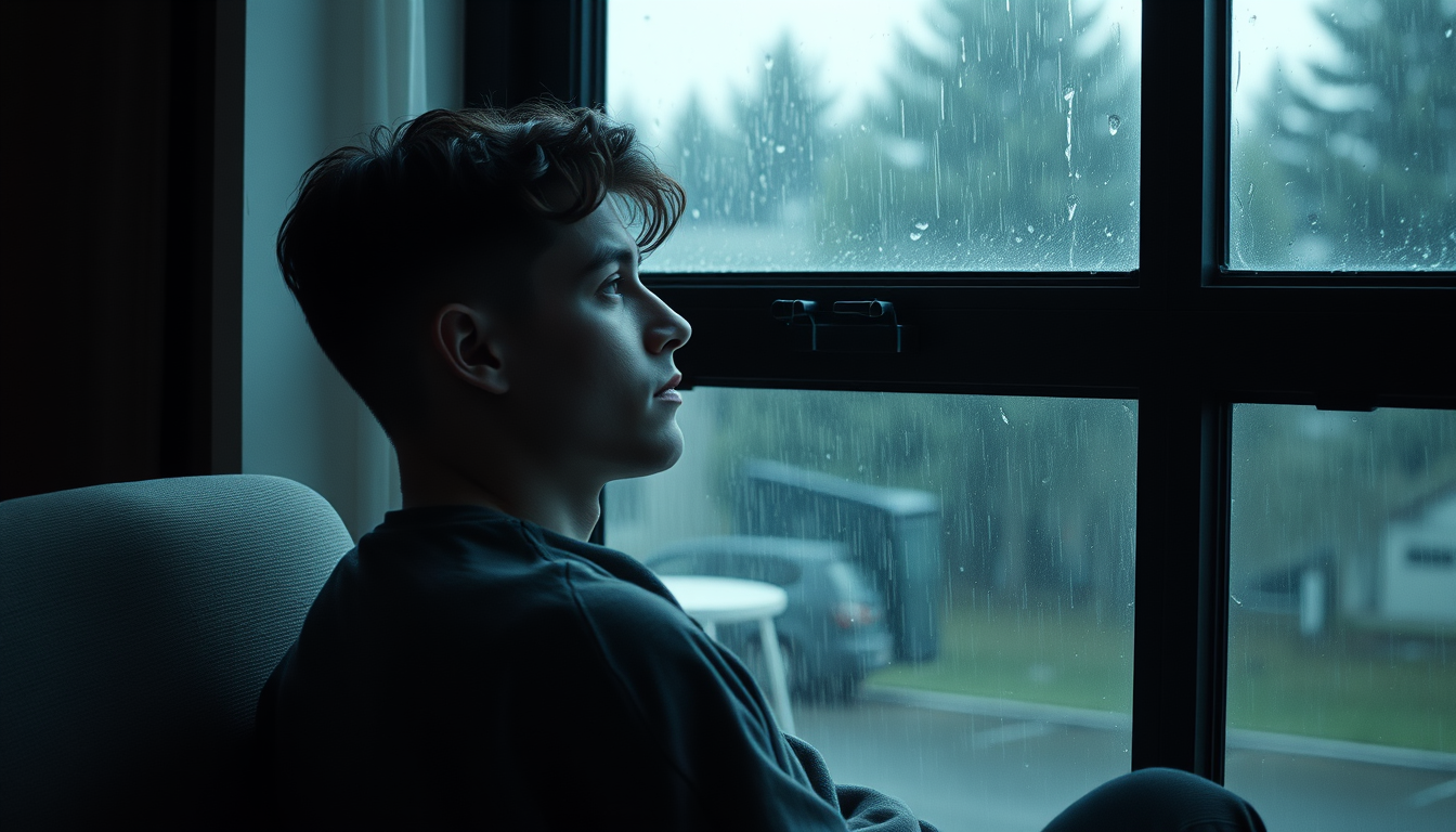 Main art studio: The Young man remains seated quietly, slowly looking toward the window. Very subtle breathing and natural body movement. The camera slowly pushes in t
