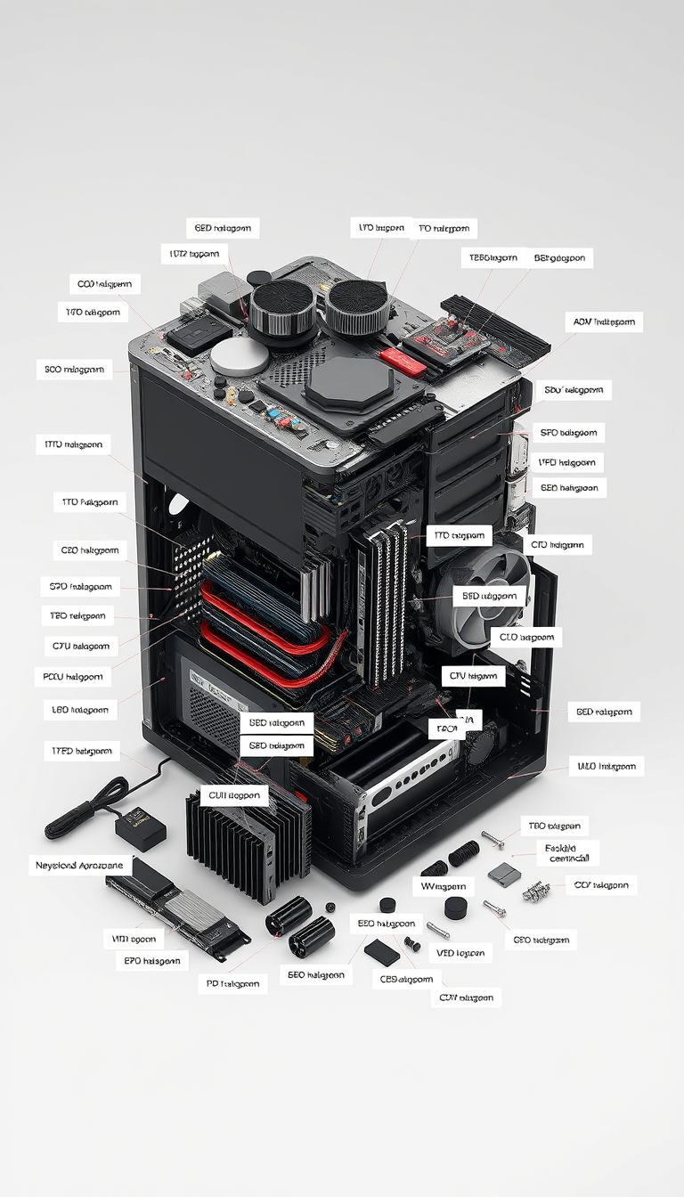 Main art studio: /explodedview Create a highly detailed 3D exploded-view of a modern desktop computer. Separate all major components in precise assembly order: monitor