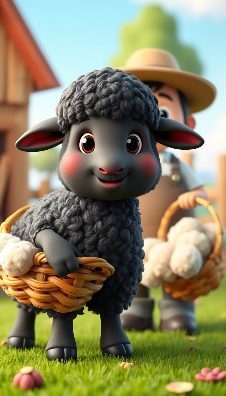 Main art studio: A cute fluffy black sheep with a friendly smiling face, big expressive eyes, small curled horns, soft 3D children's animation style, colorful cheerful