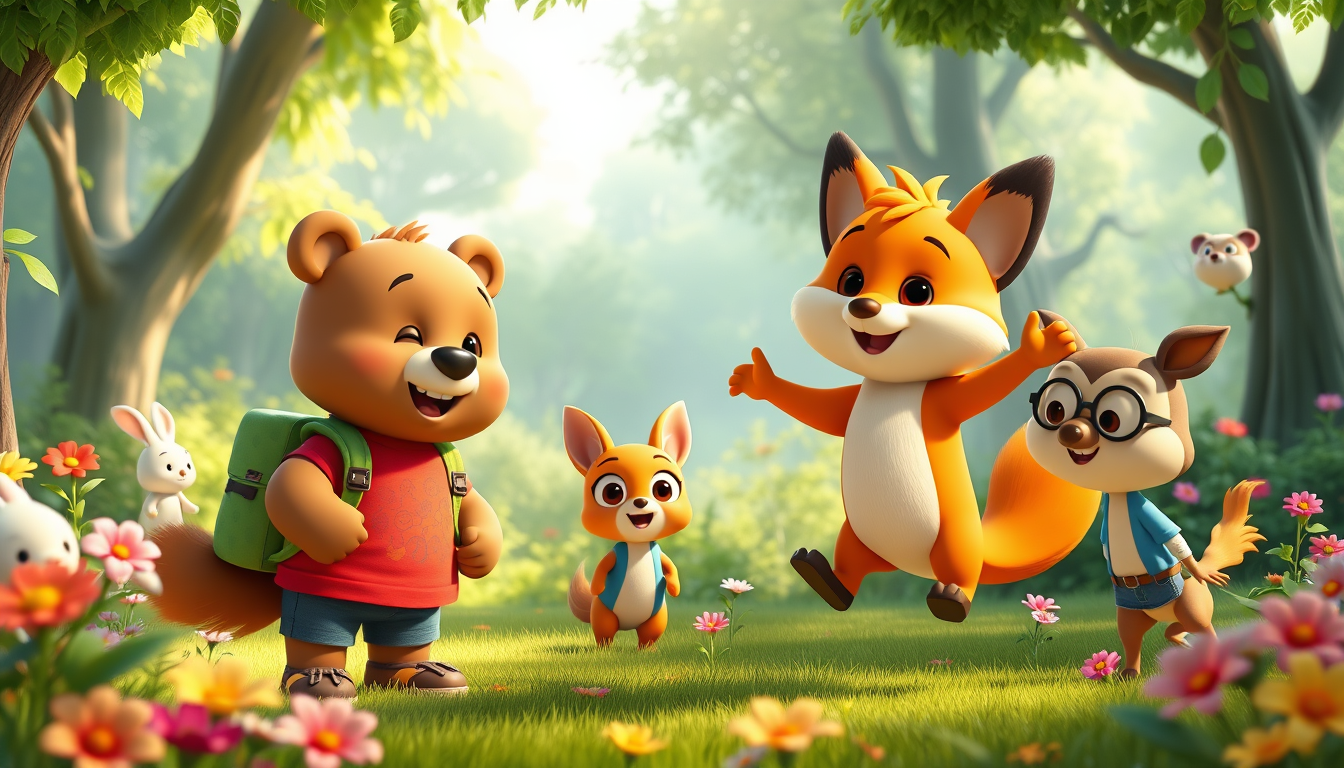 Main art studio: 3D animated children's cartoon. Bruno, a cute brown bear wearing a red T-shirt, blue shorts, and green backpack, meets Max, a playful orange fox with