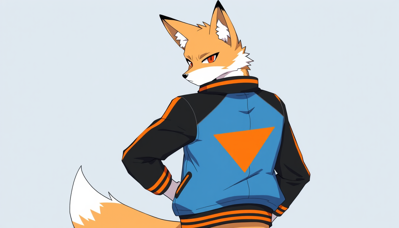 AI Art prompt example created from the prompt: Do a antropomorphic fox wearing a blue jacket with black sleeves and orange stripes, an orange triangle on the back, and a confident express