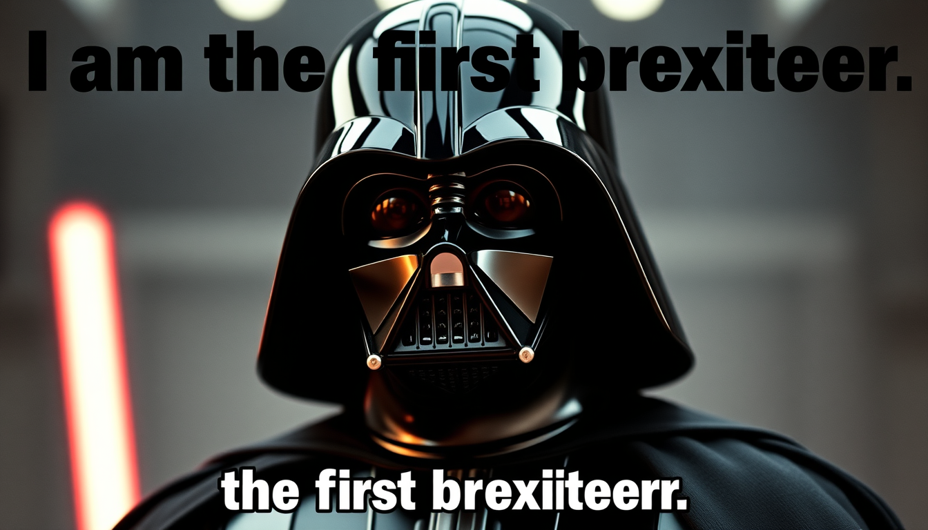Main art studio: Can you make a meme with "I am the first brexiteer" with a picture of Darth Vader but his face under the helmut