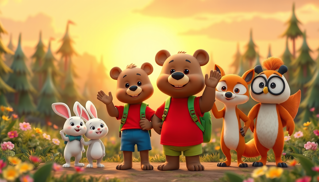 Main art studio: 3D animated children's cartoon. Bruno, a cute brown bear wearing a red T-shirt, blue shorts, and green backpack, stands with Benny, a small white rabb