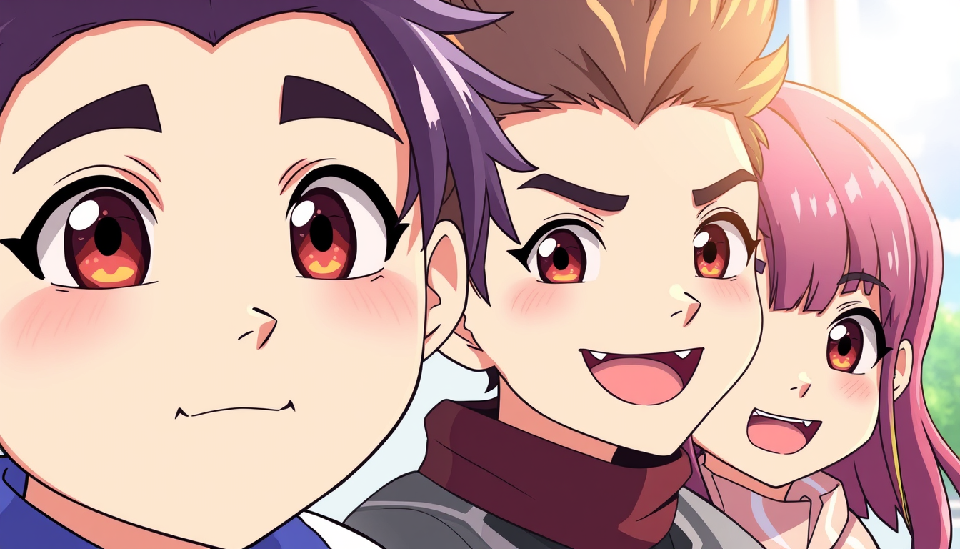 Anime idea created from the prompt: anime style, vibrant colors, expressive eyes, Mujhe 4 funny character photo chiye anime type funny face type sololevling anime type chaye ,