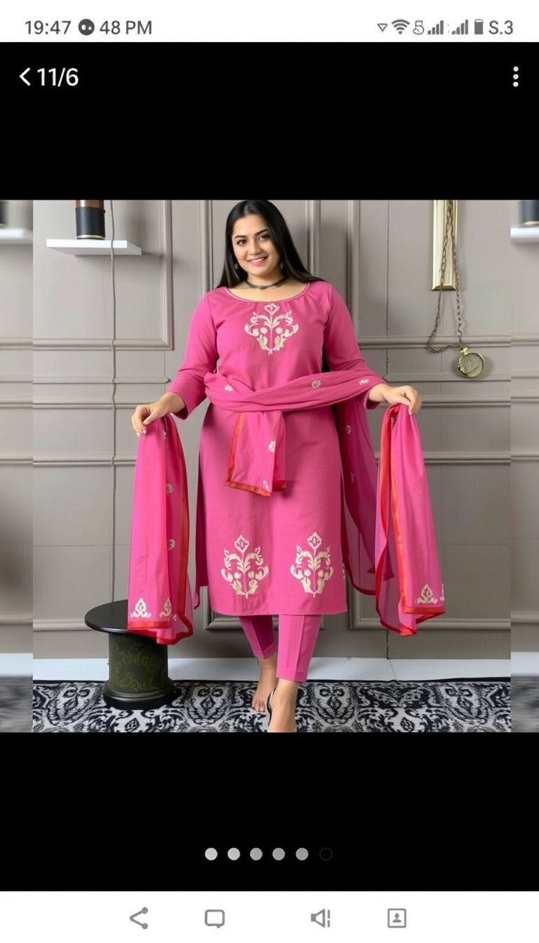 Main art studio: Create a realistic 12-sec vertical 9:16 fashion Reel from this image. Keep the exact pink 3-piece kurta set, embroidery, pants and dupatta/chunni unch