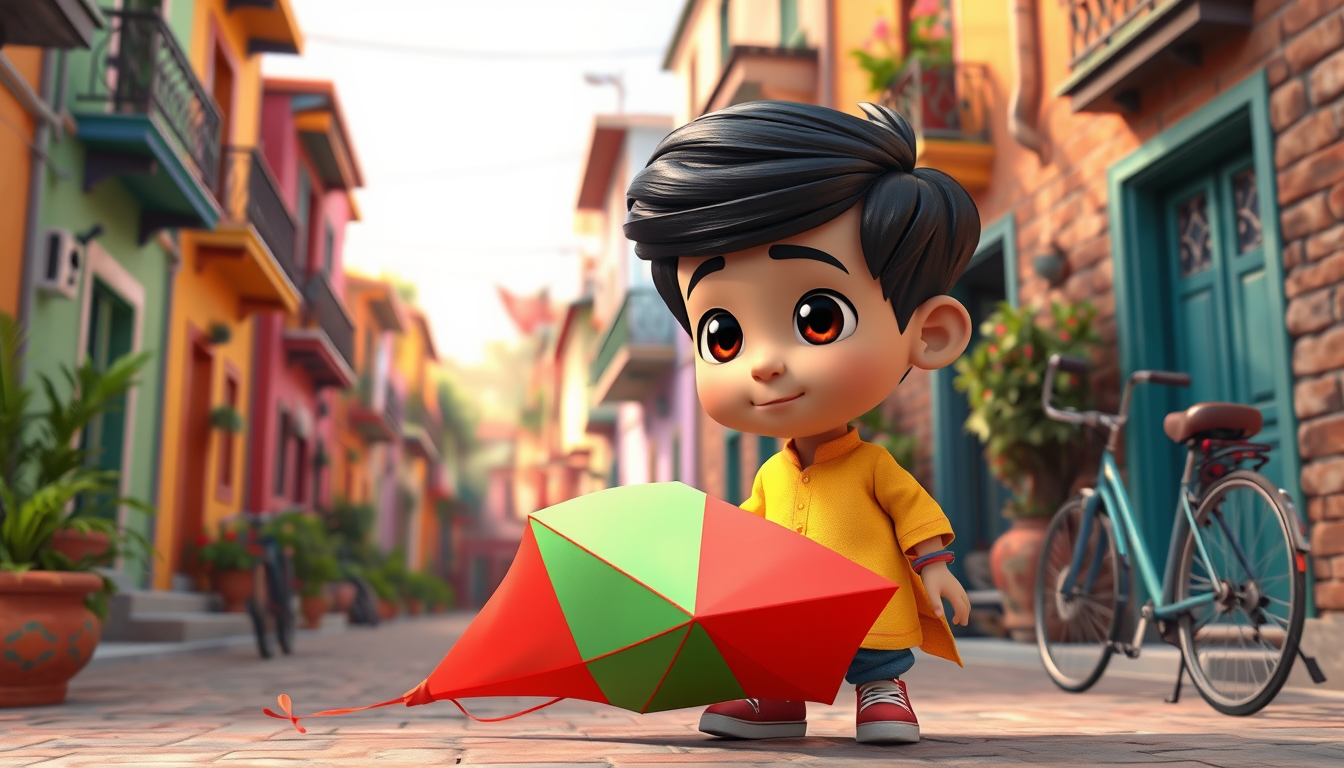 Main art studio: Create a colorful 3D South Asian children's cartoon scene. Ali, a cute 10-year-old Pakistani boy with a round face, short black hair, big expressive b