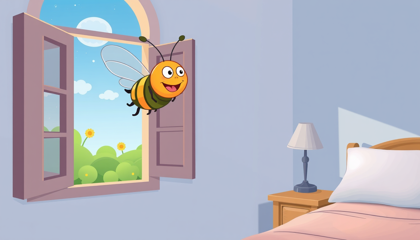 AI Art prompt example created from the prompt: cartoon happy bug flying out of bedroom window on left side of image with empty mason jas on nightstand on right side of image