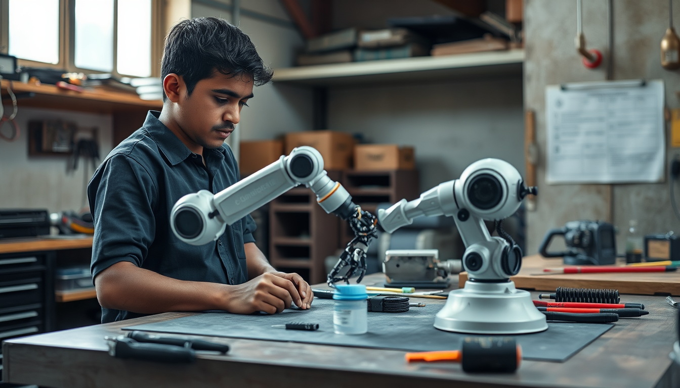 AI Art prompt example created from the prompt: Realistic cinematic documentary photograph of a small modern robotics workspace in Bangladesh, a young Bangladeshi technician examining a pr