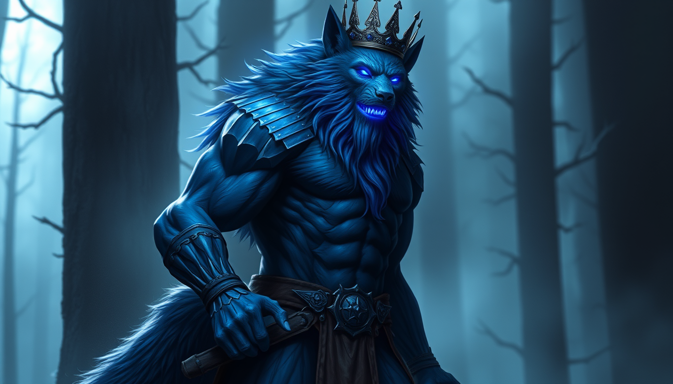 Main art studio: Bedlam Blue, King and progenitor of all werewolves. Muscular, standing upright, and more humanoid. A crown worthy of the first and only King of Werewo