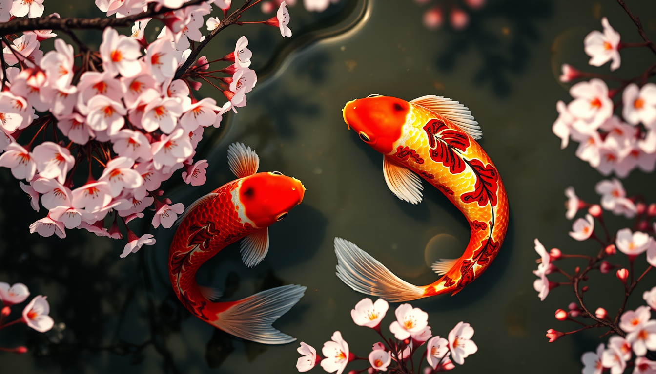 Main art studio: Two koi fish red and golden swimming surrounded by cherry blossom