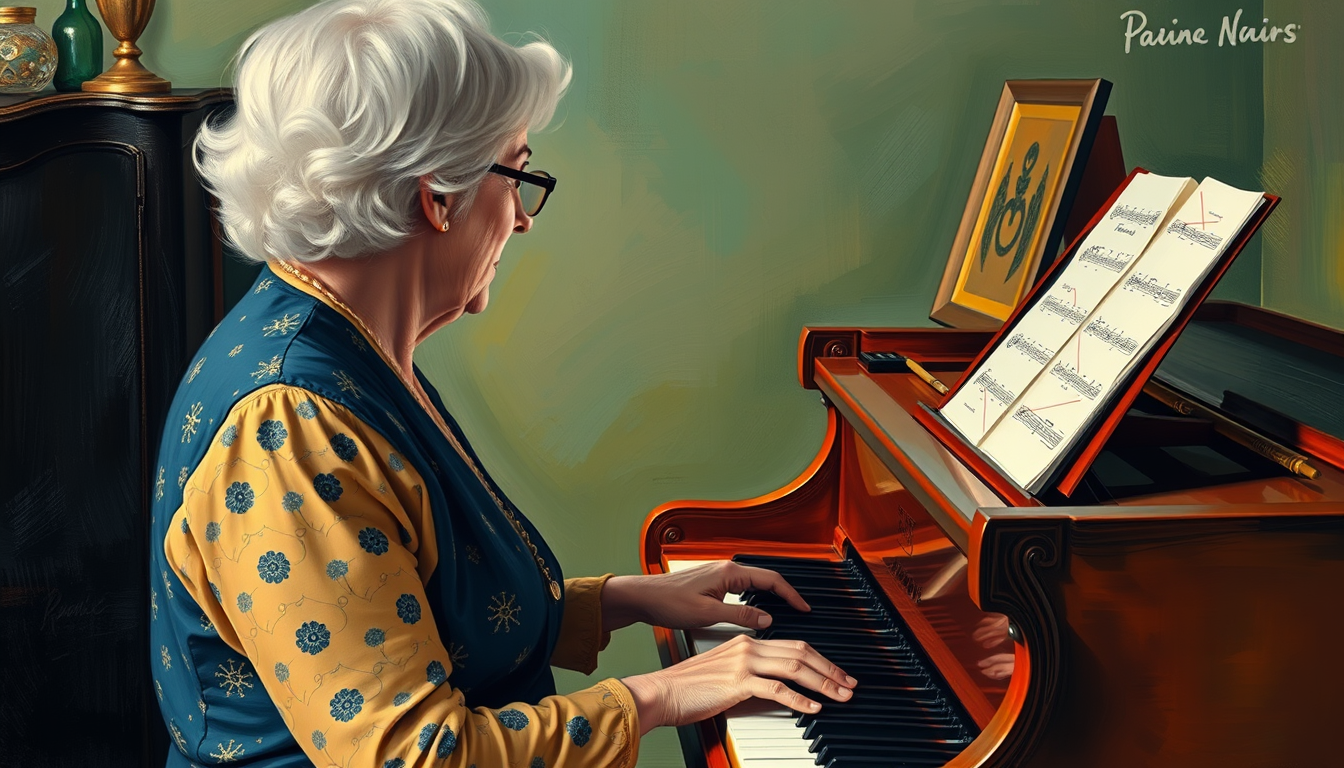 AI Art prompt example created from the prompt: An older woman is playing piano. The lady is seen from behind. So I can't see her face. Make it like a paint. A painting! Like a renesance. 