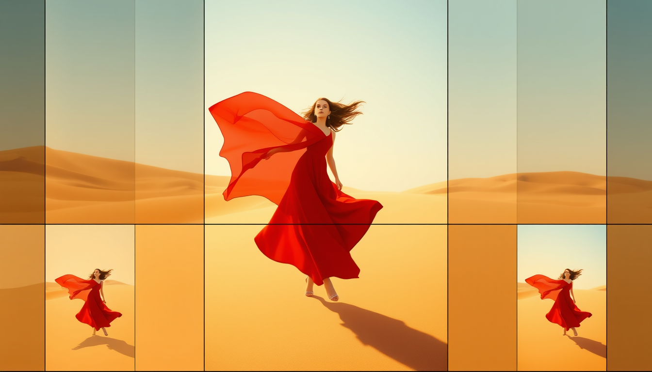 Sprite Sheet idea: a grid of animation frames sharing one character, scale, palette, and camera angle, deliberate composition, fashion editorial, flowing red dress in a