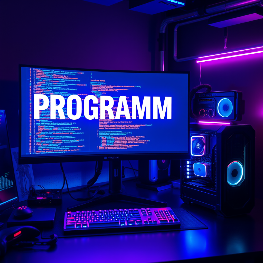 Main art studio: Futuristic powerful desktop PC, huge ultra-wide monitor as the main focus, monitor clearly showing the words "PROGRAMMING" in large clean letters, col