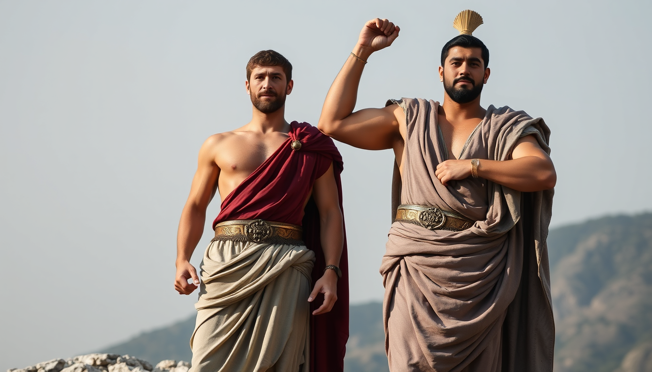 Main art studio: make a picture of a lean confident greek hercules and a strong confident korean hercules standing next to eachother with their aqrms besides their bod