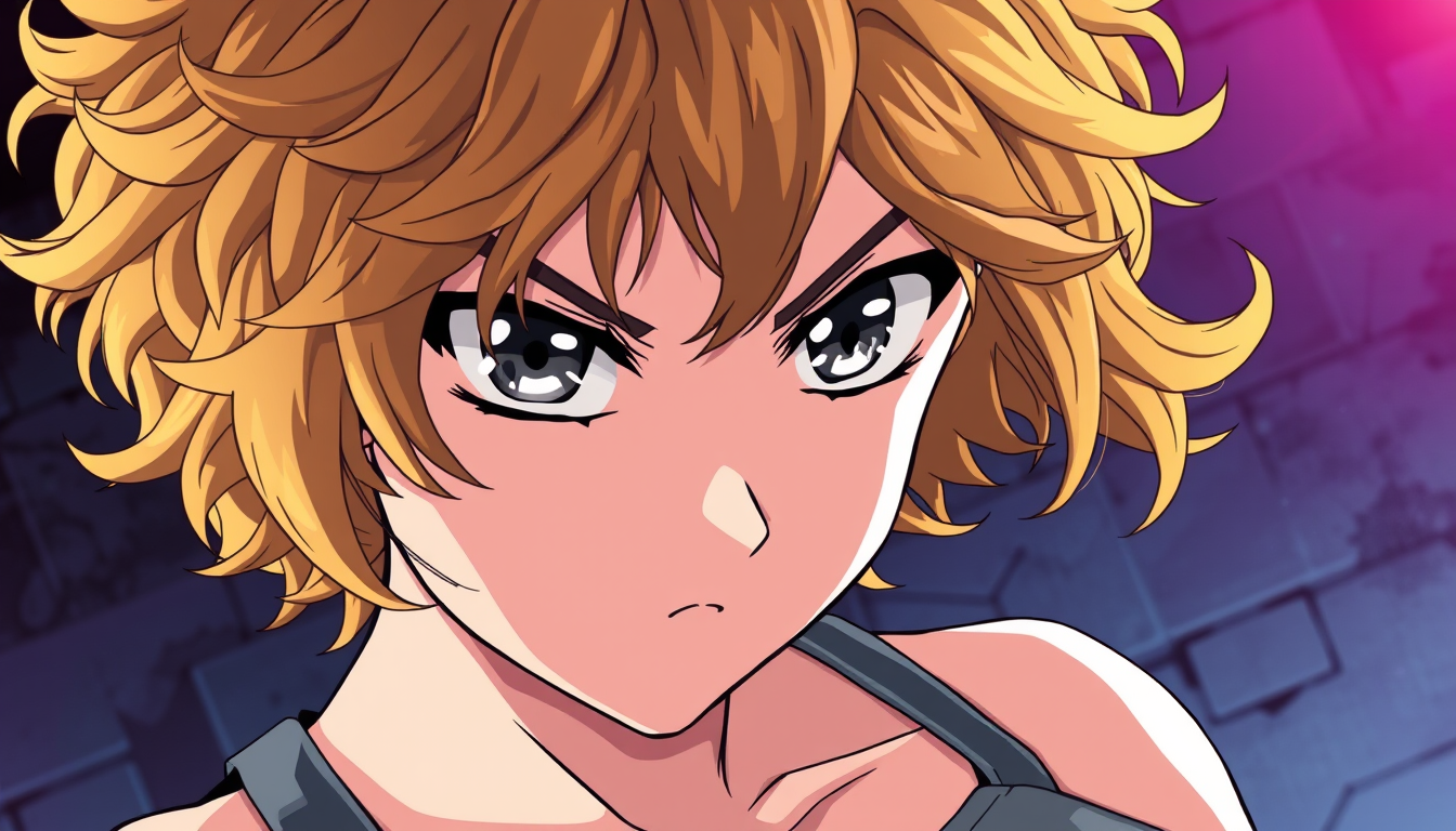 Anime idea: anime style, vibrant colors, expressive eyes, Girl tan, dirty blonde/ brown curly hair who looks mysterious and intimidating with gray eyes and a gray