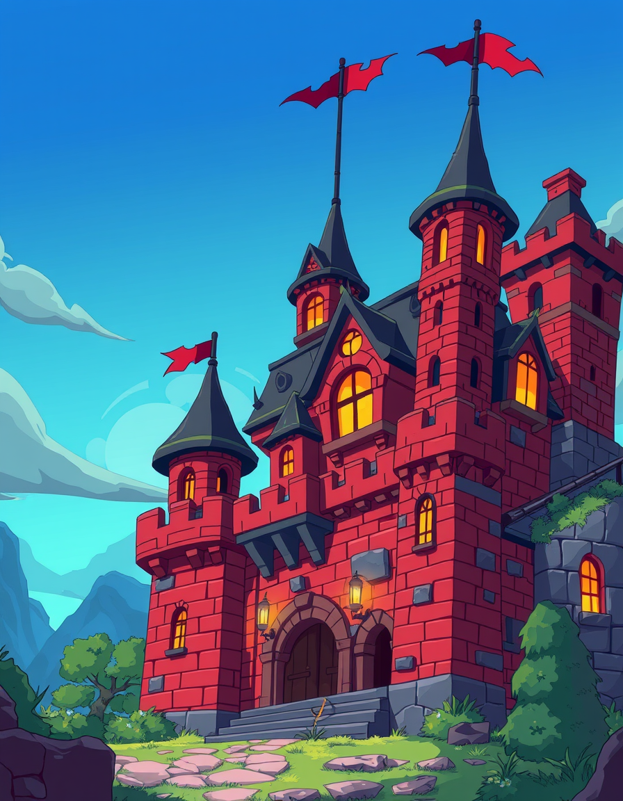 Anime idea: anime style, vibrant colors, expressive eyes, create a dark evil brick castle building with simple Toon cel-shaded artstyle , detailed anime illustrat