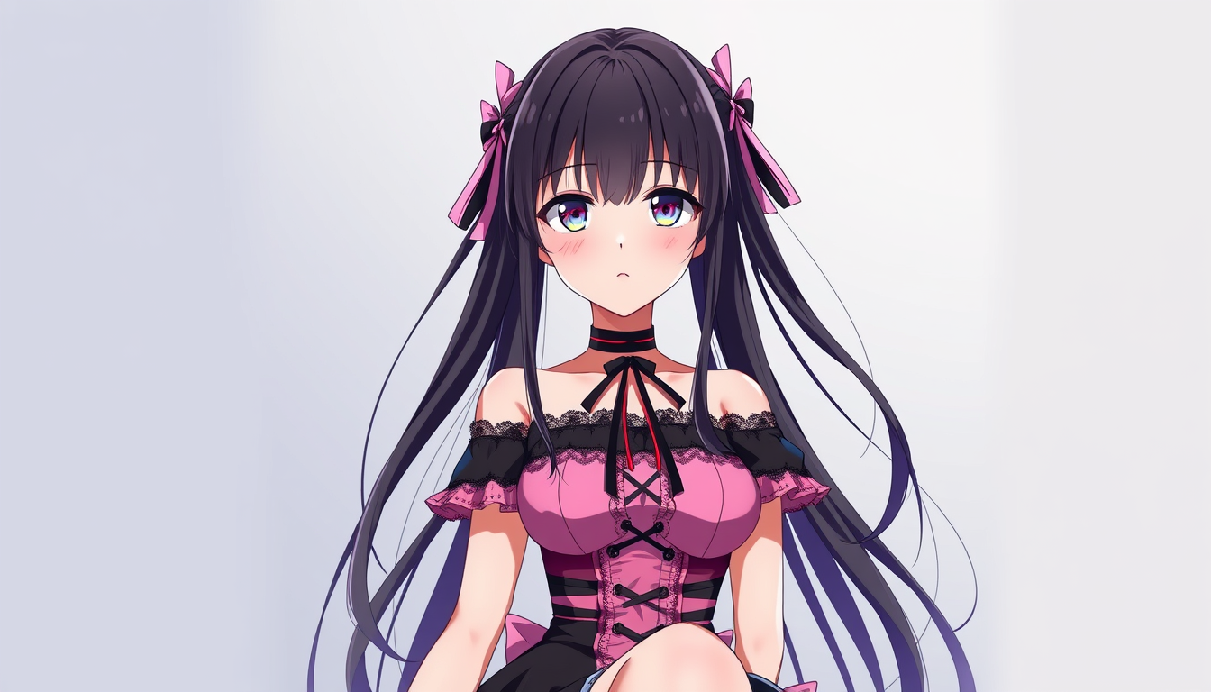 Anime idea: anime style, vibrant colors, expressive eyes, adult woman, mature feminine face, elegant, sophisticated, beautiful, jirai kei, full body, anime style,